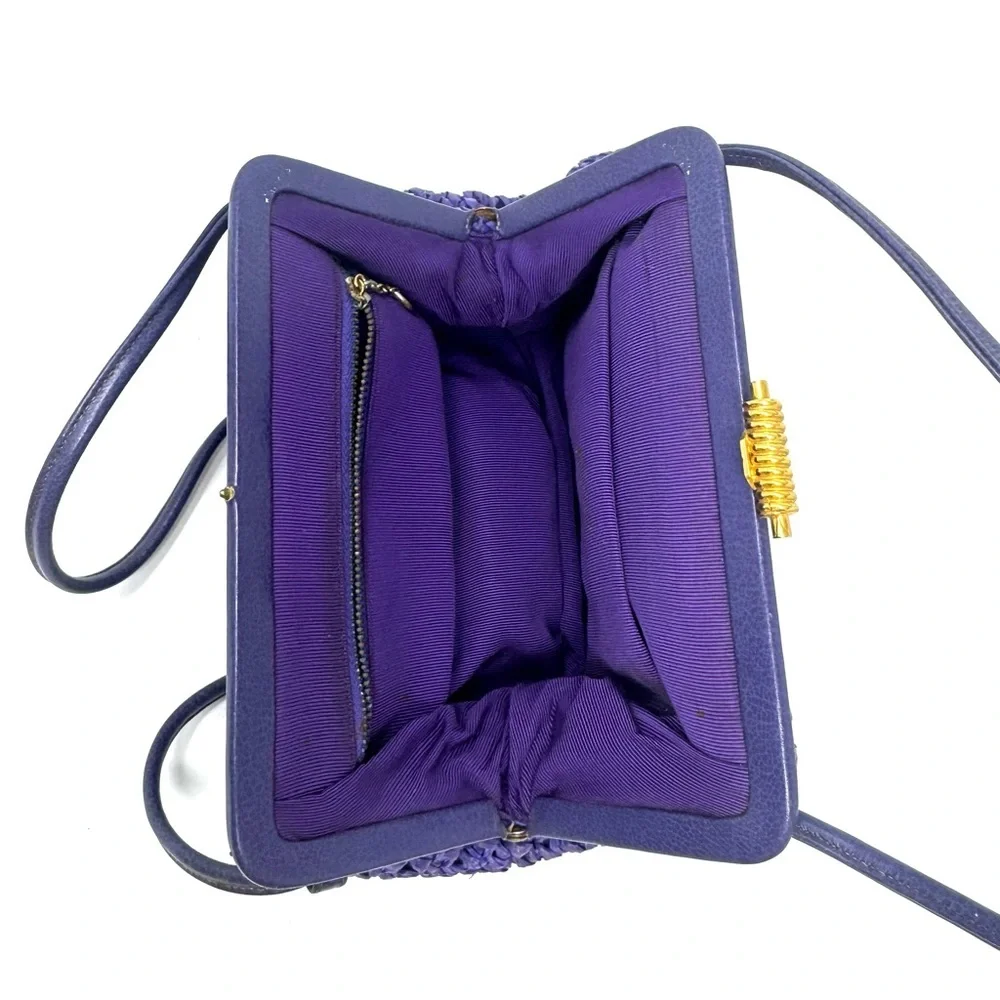 Morris Moskowitz Vintage Purple Crochet Straw Top Handle Bag Gold Hardware - Picture 9 of 9